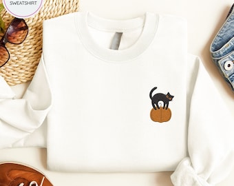 Embroidered Cat with Pumpkin Sweatshirt - Halloween Pullover