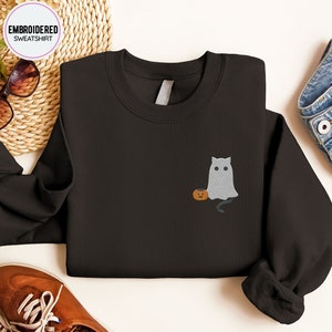 Ghost Cat Embroidered Sweatshirt, Ghost Sweatshirt, Halloween Sweatshirt, Embroidered Halloween Cat Pullover, Halloween Embroidered Sweater