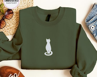 White Cat Embroidery Sweatshirt - White Cat Lover Pullover