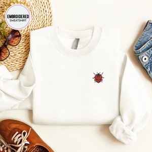 Mini Ladybug Embroidery Sweatshirt, Minimalist  Embroidery, Ladybird Crewneck, Insect Lover Sweater, Ladybug Lover Gift, Cotton Sweatshirt