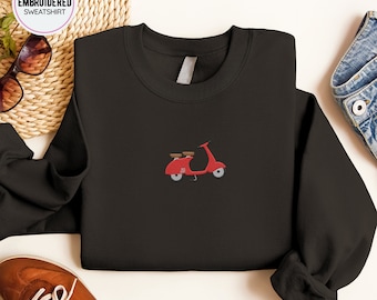 Embroidered Scooter Sweatshirt: Italian Vespa Crewneck, Retro Motorbike Embroidery, Embroidered Red Scooter, Old Motor Lover Sweater