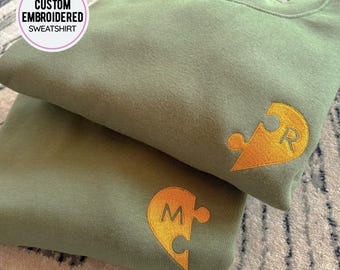 Custom Puzzle Heart with a Letter, Puzzle Half Embroidery Crewneck, Personalized Matching Couple's Hoodie, Gift for Boyfriend / Girlfriend