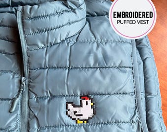 Pixel Chicken Embroidered Puffer Vest: Stardew Valley Merch, Pixel Gaming Clothing, Gaming Chicken Apparel