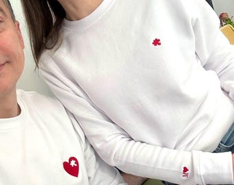 Personalized Puzzle Heart Embroidery Crewneck with Embroidered Letter on Sleeve, Valentine's Lover Gift, Custom Matching Couple's Sweatshirt