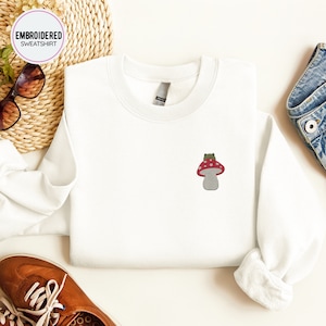 Froggy Embroidery Sweatshirt, Animal Embroidery, Mushroom Sweatshirt, Embroidered Sweatshirt, Frog Mushroom Pullover, Cute Frog Sweater
