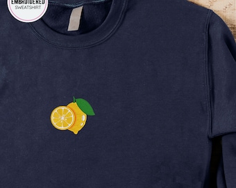 Lemon Embroidered Sweatshirt: Minimalist Fruit Embroidery, Beautiful Lemon Crewneck, Vegan Embroidery