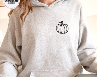 Pumpkin Lineart Embroidered Hoodie, Halloween Embroidery Sweatshirt, Vegan Embroidery Jumper, Custom Color Embroidery