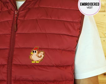 Custom Chicken Pixel Art Puffed Vest, Gamers Gift, Cozy Gaming Apparel, Stardew Valley Inspired Vest, Birthday Gift for Stardew Valley Lover