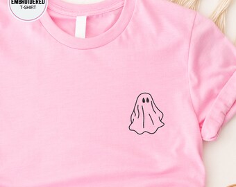 Ghost Embroidery T-shirt: Unisex Organic Cotton Halloween Tee, Funny Embroidered Shirt with a Ghost