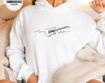 Guitar Lineart Embroidered Hoodie: Music Lover Gift