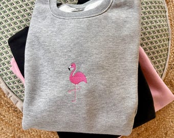 Embroidered Flamingo Sweatshirt, Flamingo Mood Pullover, Animal Lover Gift, Pink Paradise Bird