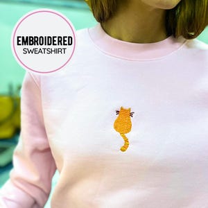 Orange Cat Embroidery Sweatshirt - Ginger Cat Lover Pullover, Embroidered Cat Sweater, Red Cat Embroidered Hoodie