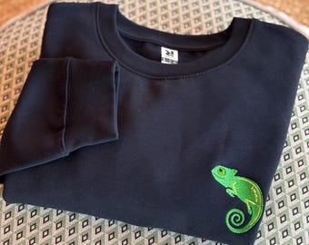 Chameleon Embroidery Sweatshirt: Reptile Lover Gift, Embroidered Animal Sweater, Embroidered Chameleon Crewneck, Funny Jumper