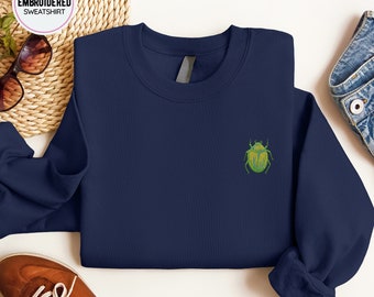 Beetle Embroidery Sweatshirt: Green Bug Pullover, Animal Lover Gift, Embroidered Beetle Crewneck