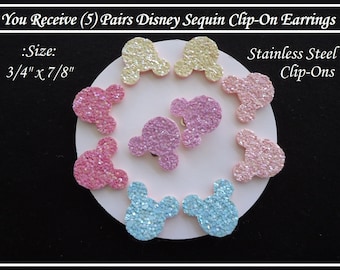 Disney Sequins Kids Clip On Earrings (5) Prs Rhinestone Play Dress Up Girl Earrings Fun Earrings Kids Gift Party Favors Soft Sequin Earrings