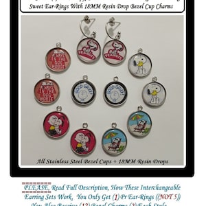 Snoopy Earrings (6) Prs in (1) Interchangeable Stainless Steel 18MM Bezel Charm Earrings Charlie Brown Earrings Snoopy Charms Snoopy Jewelry