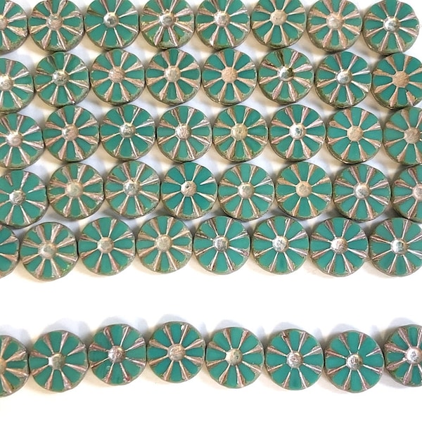 Turquoise/Silver Daisy 13mm Table Cut 8 beads per strand,Czech Glass