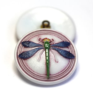 Pode incluir: Um botão branco com um design de círculos concêntricos roxo e branco. Uma libélula verde com asas azuis está centrada no botão.