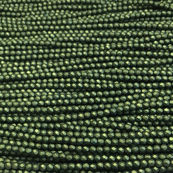 3mm Czech Fire Polish Beads -  Green Matte Metallic Pearl 50 beads