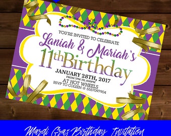 May include: Purple, green, and gold Mardi Gras themed birthday invitation for Laniah and Mariah's 11th birthday party. The invitation includes a date of January 28th, 2017, time from 7pm to 8:30pm, location at Hot Wheels, and RSVP information to Coleen at 5557097904.