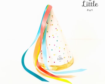 Party hats in CONFETTI fabrics. Unisex and reusable.  Pointed hat and ribbon. Birthday hat, Party Shop. Party items