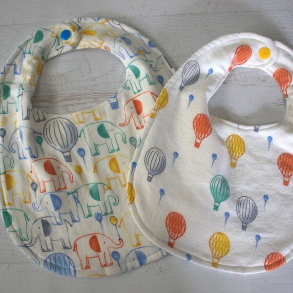 Bibs-Cotton Flannel/2 Sided Contrasting Flannel Pattern Opposite Side-Bright Primary Colors-Hot Air Balloons/Elephants-2 Sizes Available