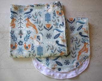 Folklore Print Baby Burp Cloth/Receiving Blanket: Blue, Coral & White Minky, 2-Sided Burp/Single Layer Blanket-U pick items needed