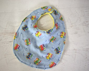 Bibs-Cotton Flannel/Minky/Terry Cloth-Dusty Blue with Bright Primary Colors Trains-0-3 Months