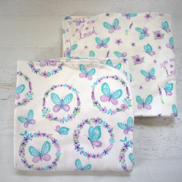 Receiving Blanket/Swaddling Blanket/Cotton Flannel, White Background with Shades of Purple and Turquoise Butterflies