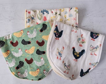 Large Baby Burp Cloth-White/Green/Blue-Chickens and Woodland 2 Sided Burp Cloth-Terry Cloth, Minky