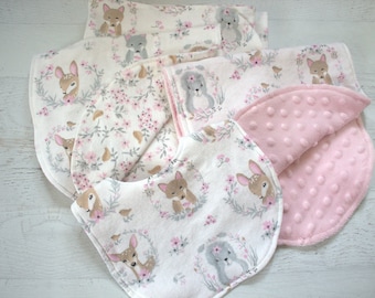 Blanket/2 Large Burp Cloths/1-2 sided Bib-Gift Set-Flannel and Minky Dot Backing/2 Sided Flannel -Baby Deer/Rabbits/Birds-Pink