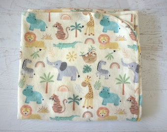 Blanket/Swaddling/Receiving Blanket Flannel-Soft Yellow with Grays and Aqua Hippos, Elephants, Sloth