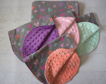 Blanket and Burp Cloth-Gray with Colorful Hearts-Minky Backing -Your Choice of Backing Color and Pieces Needed