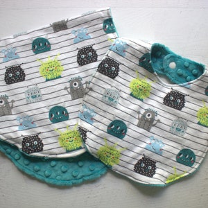 Large Burp Cloth/Bib Set-2 sided Flannel/Minky-Oval Shape-White with Gray, Teal, Lime and Baby Blue Cute Little Monsters