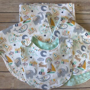 Blanket/2 Large Burp Cloths/1-2 sided Bib-Gift Set-Flannel and Minky Dot Backing/2 Sided Flannel