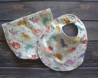 Dinosaur Baby Bib and Burp Cloth Set: Flannel & Minky