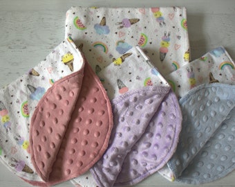 Blanket/Baby Burp Cloths-Flannel Minky Dot Backing-Oval Shape-Ice Cream Cones, Bunny Faces, Kitten Faces, Watermelon and Rainbows