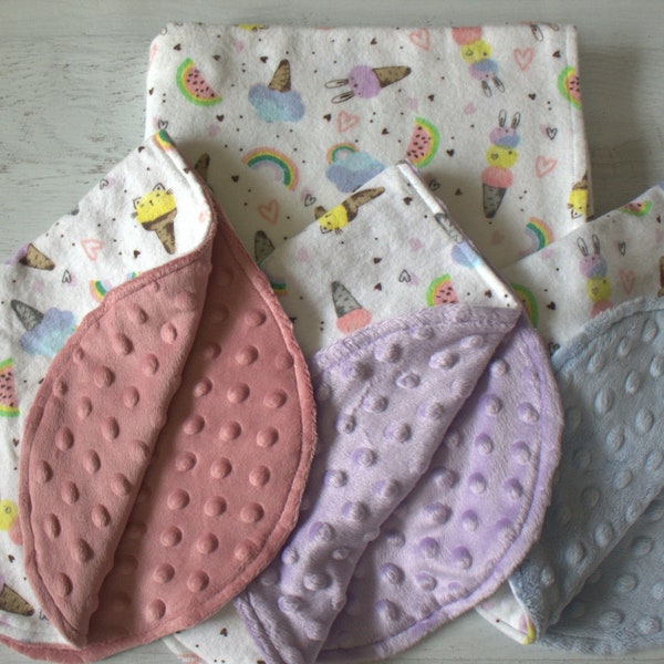 Blanket/Baby Burp Cloths-Flannel Minky Dot Backing-Oval Shape-Ice Cream Cones, Bunny Faces, Kitten Faces, Watermelon and Rainbows