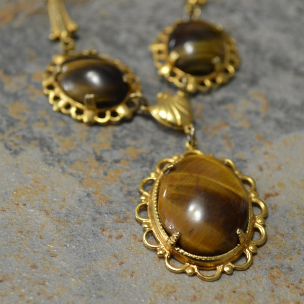 TIGER EYE 18 inch GP Split Chain Necklace, Striking & Flashy 3 Oval Cabochon Stones are the Center Focal Drops in Lacy Filigree Mounts