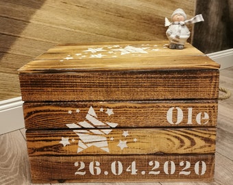 Erinnerungskiste personalisierbar,Geschenk zur Geburt mit Namen,Taufgeschenk,Sterne,Holzkiste,Spielekiste Kind Holztruhe,Geschenk,Babykiste