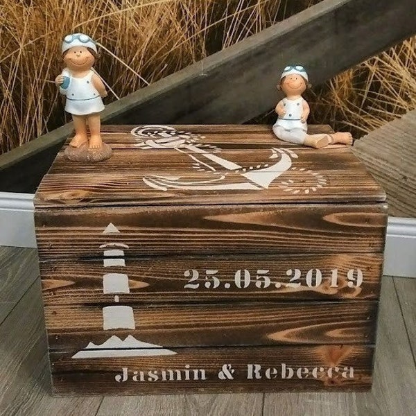 maritime Hochzeitskiste,lesbisches Paar,Anker,Leuchtturm,Hochzeitstruhe für Homosexuelle,Vintage Shabby,Geschenk Hochzeit,Erinnerungskiste