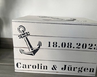 Hochzeitskiste mit Namen,Anker,maritime Hochzeitstruhe,Geschenk Hochzeit Brautpaar,Silberhochzeit,Erinnerungskiste,Holzkiste,Erinnerungsbox