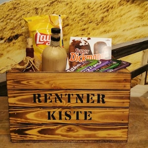 Geschenk Rente Rentner Ruhestand Abschiedsgeschenk Kollegen Renteneintritt mit Namen Geschenkekiste personalisiert Pension Holzkiste leer