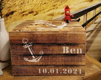 Erinnerungskiste personalisiert,Erinnerungsbox,Holzkiste maritim Holztruhe,Anker,Geschenk Taufe Geburt,Holzkiste,Geschenk zum 18. Geburtstag