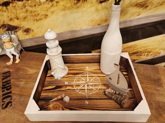 Tablett Holz maritim Serviertablett Geschenk Geburtstag,Dekotablett,Windrose,Holztablett rustikal,Wohndeko,Tablett Anker,Holzdeko Kerzen