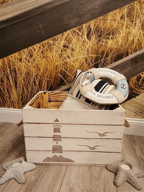 Maritime Holzkiste,Dekokiste Ferienhaus,Aufbewahrungskiste Badezimmer,Leuchtturm,Möwe,Büro,Bücherkiste,Geschenkekiste,Erinnerungskiste
