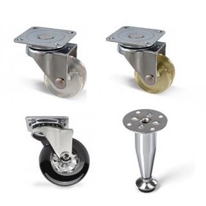 May include: Four furniture hardware options: two swivel casters with clear wheels, one swivel caster with a black wheel, and one chrome furniture leg.