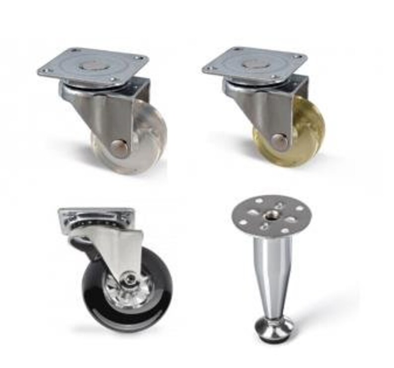 May include: Four furniture hardware options: two swivel casters with clear wheels, one swivel caster with a black wheel, and one chrome furniture leg.