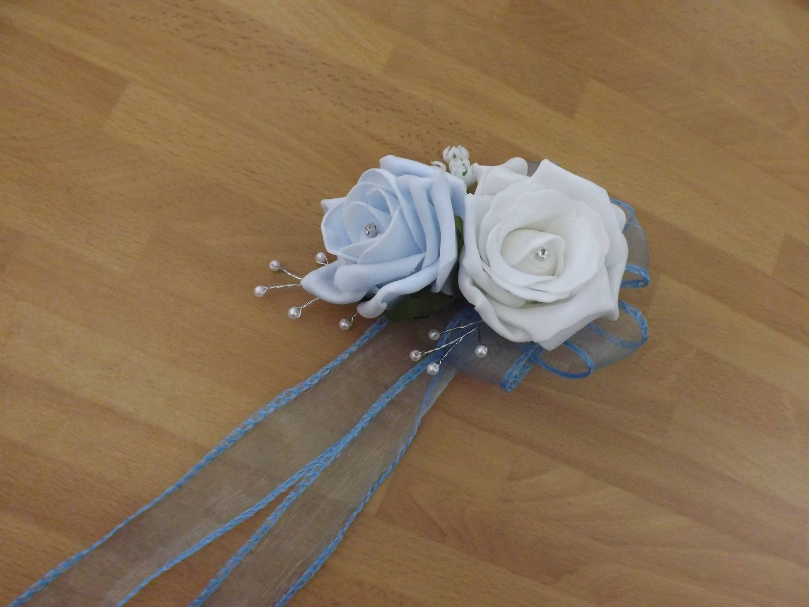 White and Baby Blue Foam Rose Wrist Corsage With Diamante and Etsy