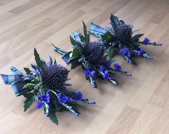 3 x Purple Scottish thistle and purple heather button holes with tartan ribbon